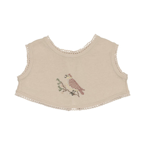 Peluche Knit Cross Stitch Overlay Bib - Stone, Rose