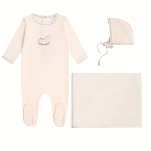 Mi Amour Rock-a-Bye Pointelle Footie Hat & Blanket Set - Cream, Blue