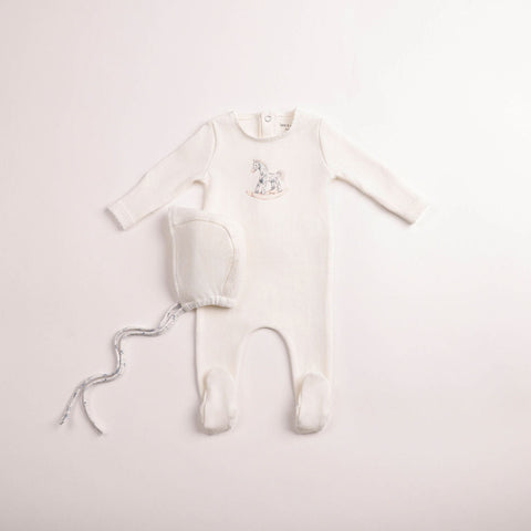 Bee and Dee Rocking Horse Footie + Bonnet - Chalk White Boys