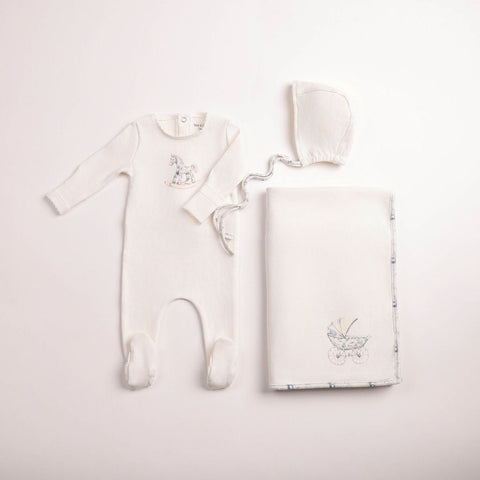 Bee and Dee Rocking Horse Footie + Bonnet & Blanket Set - Chalk White Boys