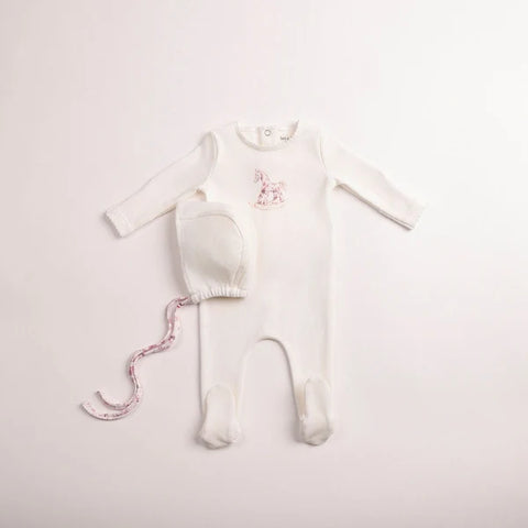 Bee and Dee Rocking Horse Footie + Bonnet - Chalk White Girls