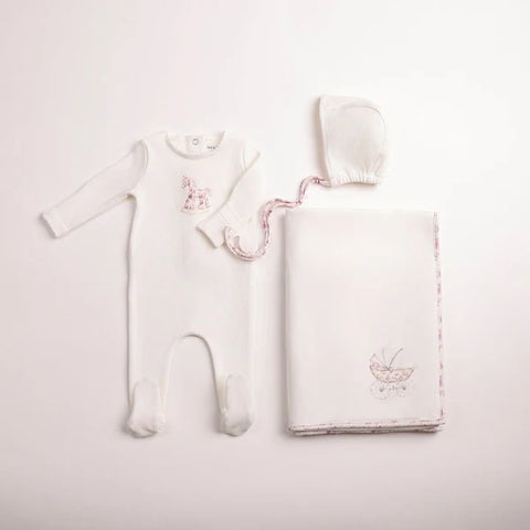 Bee and Dee Rocking Horse Footie + Bonnet & Blanket Set - Chalk White Girls