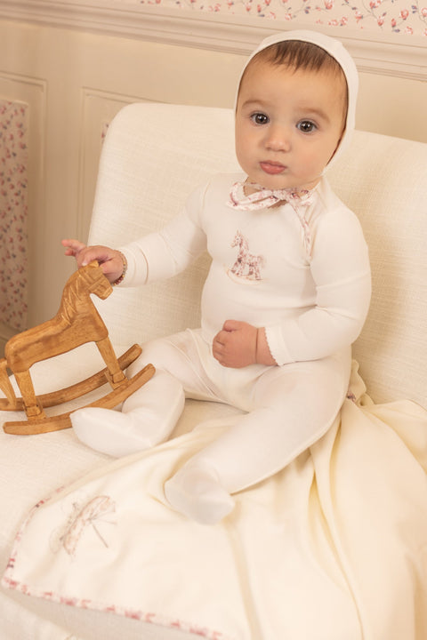 Bee and Dee Rocking Horse Footie + Bonnet & Blanket Set - Chalk White Boys
