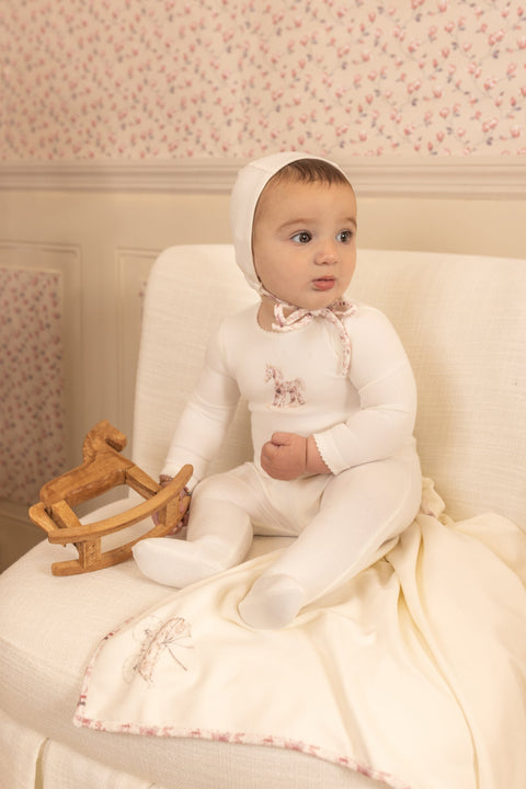 Bee and Dee Rocking Horse Footie + Bonnet & Blanket Set - Chalk White Boys
