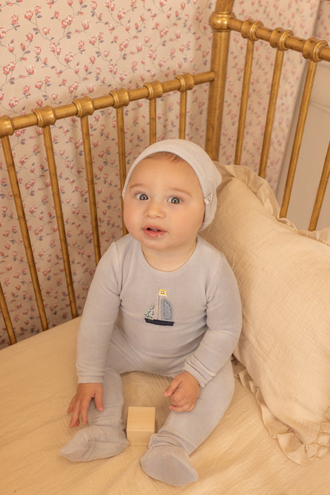Bee and Dee Sail Away Velour Footie + Beanie - Crisp Blue