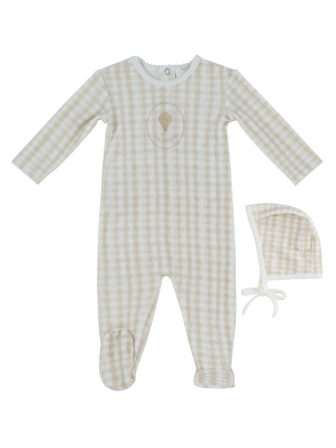 Kipp Baby Ciel Enfant Gingham Footie & Hat Set - Stone