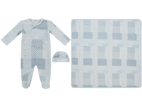 Kipp Baby Patchwork Footie, Hat & Blanket Set - Blue