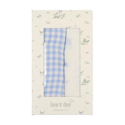 Bee and Dee Take me Home Gingham Muslin Swaddle 2pk ITGC - Chalk White Blue
