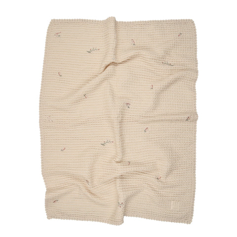 Peluche Birds Embroidered Waffle Blanket - Cream,Pink