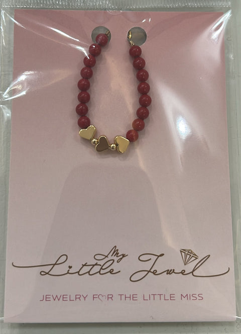 My Little Jewel Red Swarovski Pearls & 3 Gold Heart Center Bangle gf3-h3*