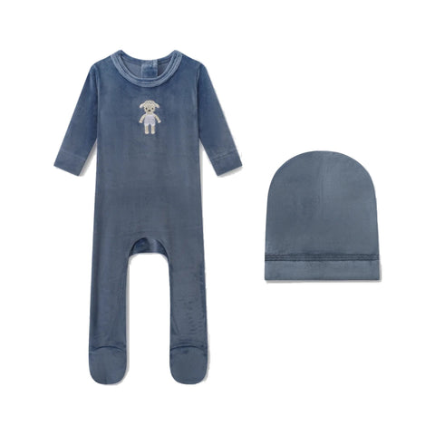 Adee Baby Lamb Velour Footie + Hat - Slate Blue