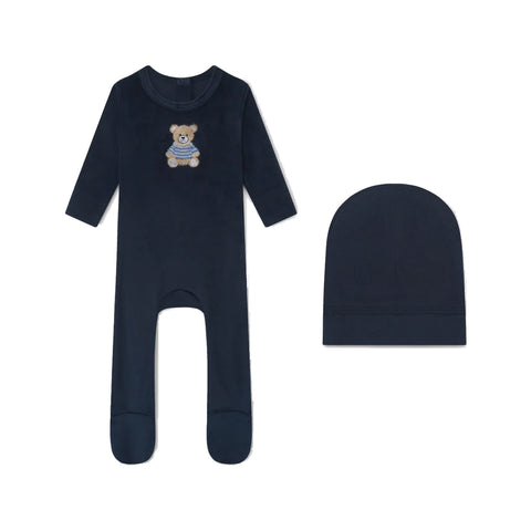 Adee Embroidered Bear Velour Footie + Hat - Navy