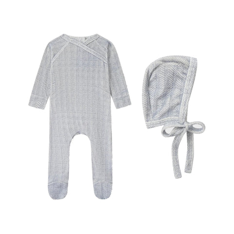 Adee Heritage Herringbone Footie + Bonnet - Blue