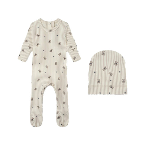 Adee Striped Bear Footie + Hat - Blue