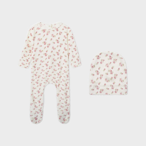 Adee Tiny Blossom Velour Footie + Hat - Pink