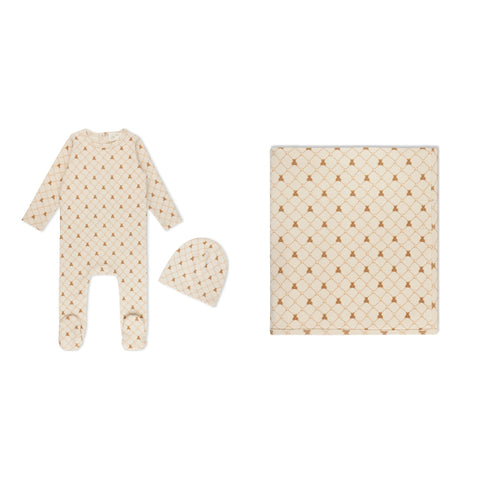 Lamour Lou Bear Grid Print Footie,Beanie & Blanket Set - Boys