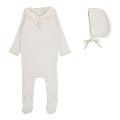 Lilette Emblem Embroidered Footie+Hat Set - Cream Pink