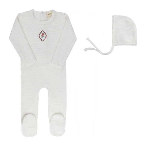 Embroidered Floral Dot Footie + Bonnet - Ivory Pink