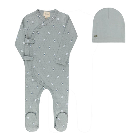 Floral Dot Footie + Hat - Blue
