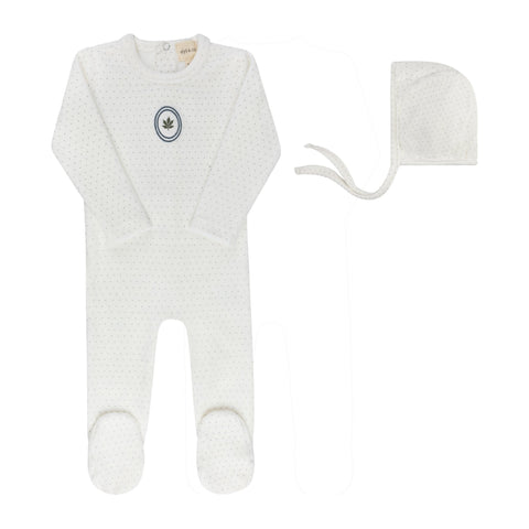 Embroidered Floral Dot Footie + Bonnet - Ivory Blue