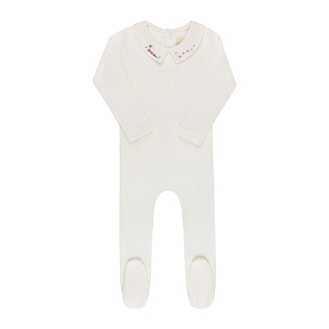Floral Star Emb Collar Footie + Bonnet - Ivory Pink