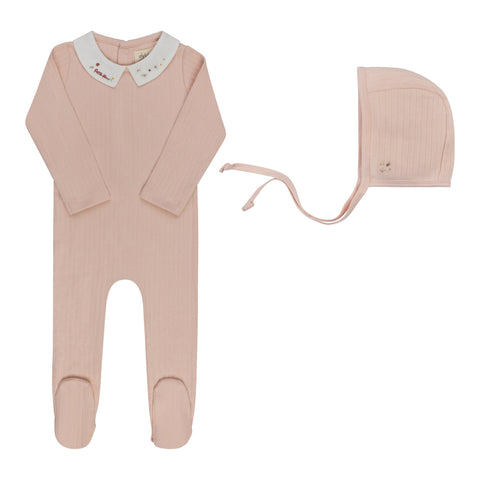 Floral Star Emb Collar Footie + Bonnet - Pink