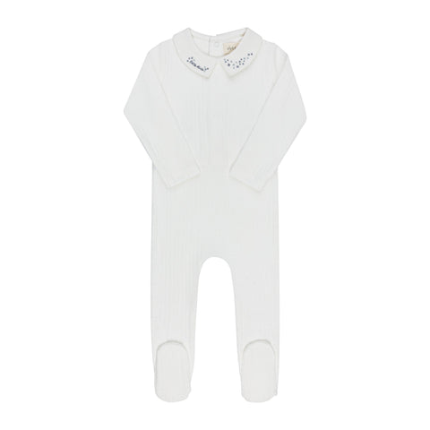 Floral Star Emb Collar Footie + Bonnet - Ivory Blue