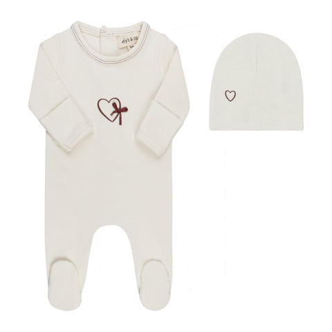 Heart & Star Footie + Beanie - Ivory Burgundy