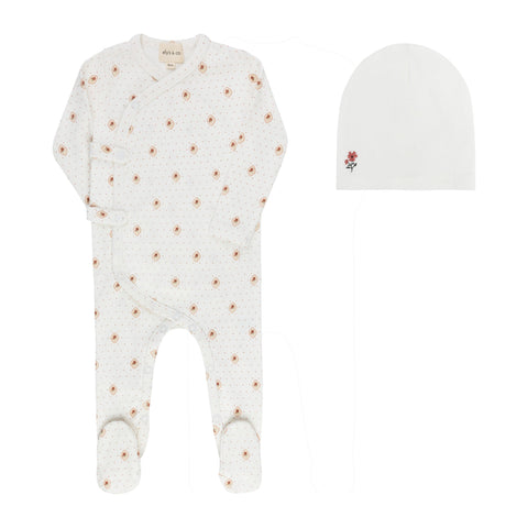 Floral Dot Footie + Hat - Ivory Pink