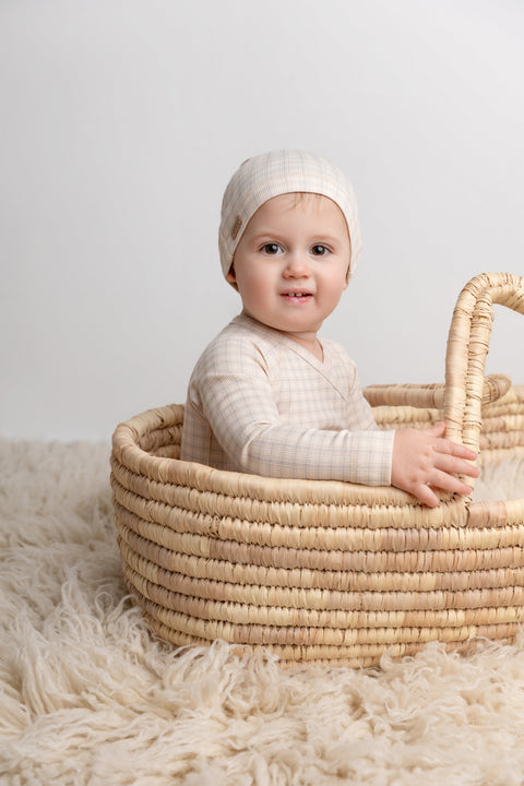 Adee Oatmeal Grid Footie Hat Blue