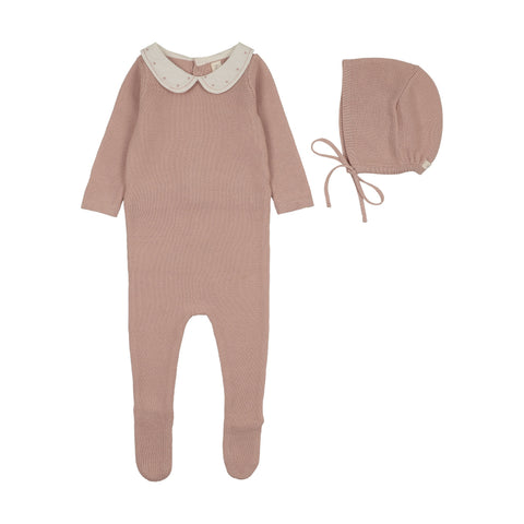 Lilette Embroidered Knit Collar Footie Set - Dusty Pink