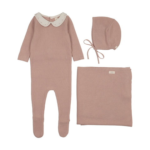 Lilette Embroidered Knit Collar Layette Set - Dusty Pink