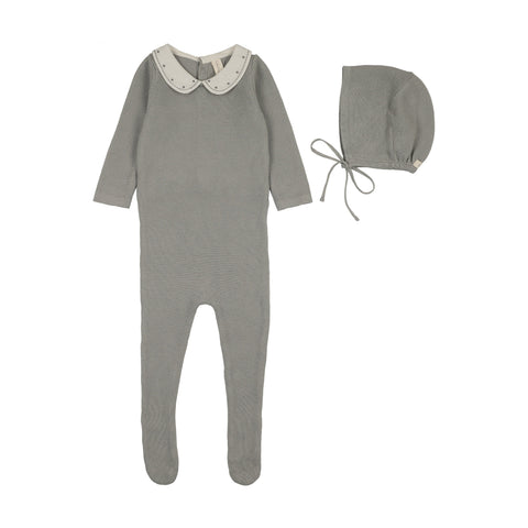 Lilette Embroidered Knit Collar Footie Set - Light Blue