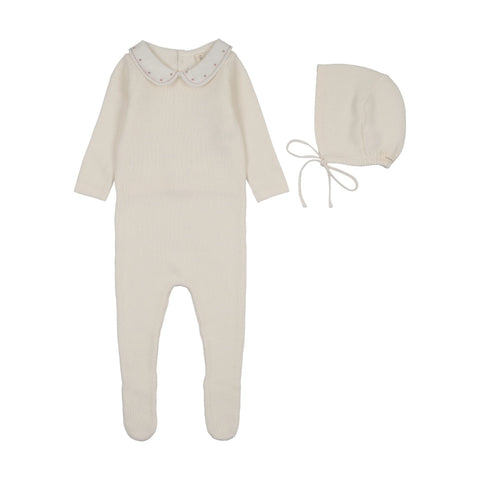Lilette Embroidered Knit Collar Footie Set - Cream Pink