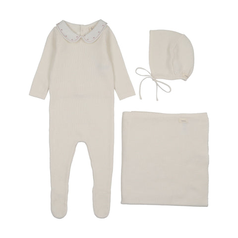 Lilette Embroidered Knit Collar Layette Set - Cream Pink