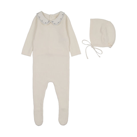 Lilette Embroidered Knit Collar Footie Set - Cream Blue