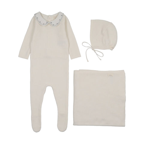 Lilette Embroidered Knit Collar Layette Set - Cream Blue
