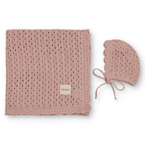 Little Fawn Knit Scalloped Edge Blanket + Bonnet - Pink
