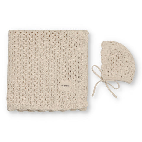 Little Fawn Knit Scalloped Edge Blanket + Bonnet - Natural