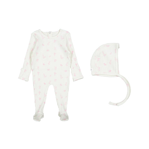 Lovely Littles Meadow Pink footie with matching bonnet