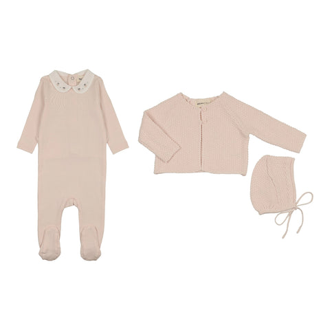 Mema Knits Embroidered Collar Footie Cardigan & Hat Set - Baby Blush