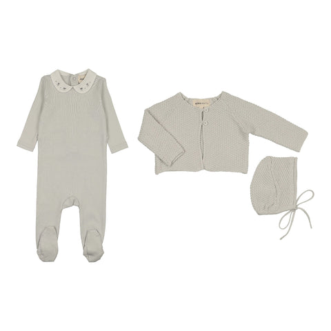 Mema Knits Embroidered Collar Footie Cardigan & Hat Set - Ice Blue
