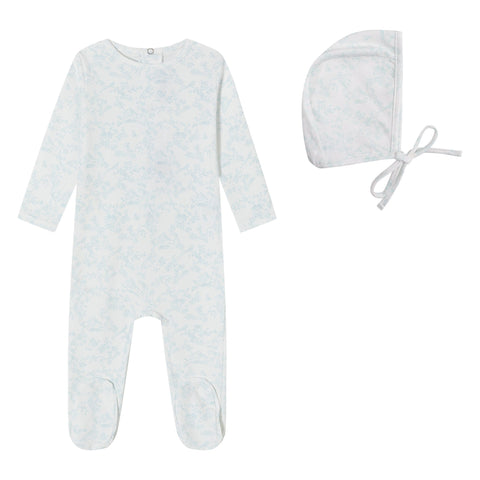 Mini Label Toile Bird Footie + Bonnet - Blue