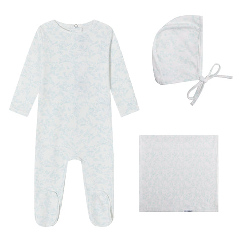 Mini Label Toile Bird Footie Bonnet & Blanket Set - Blue