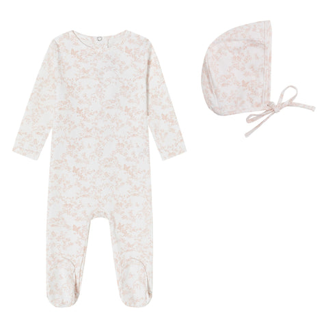 Mini Label Toile Butterfly Footie + Bonnet - Pink