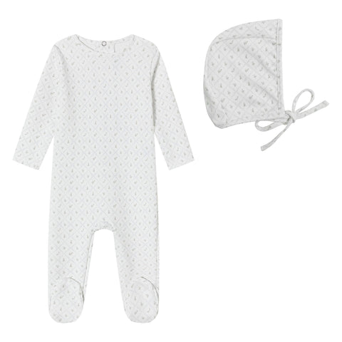 Mini Label Boys Geometrical Printed Footie + Bonnet - White
