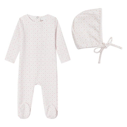 Mini Label Girls Geometrical Printed Footie + Bonnet - White