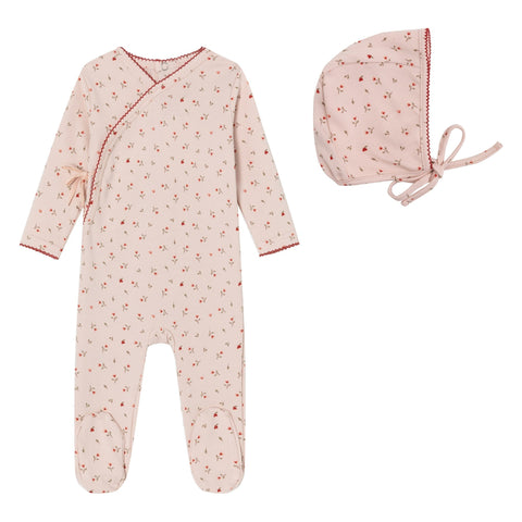 Mini Label Heart Printed Kimono Footie + Bonnet - Pink