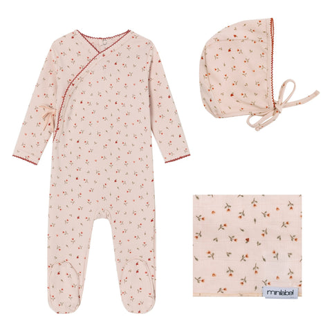 Mini Label Heart Printed Kimono Footie Bonnet & Blanket Set - Pink