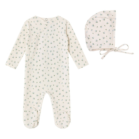 Mini Label Hydrangea Printed Kimono Footie + Bonnet - Cream